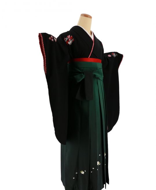 卒業式袴レンタルNo.591[宝塚風]黒・赤ピンク刺繍花紋
